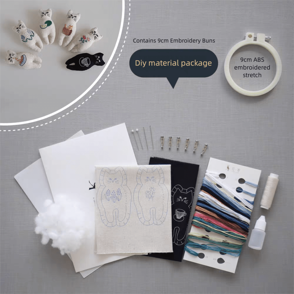 Adorable Kitty Embroidery Kit | 6 - Piece Brooch & Charm Set | Minimalist Illustration Style - HeyPouch