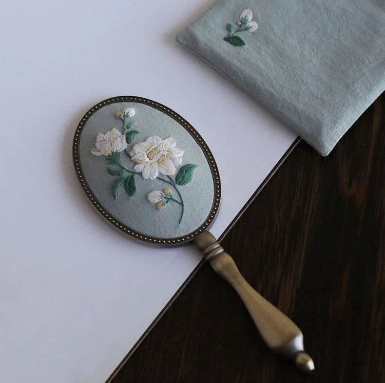 Jasmine Flower Hand Mirror Embroidery Kit - Scratch-Resistant Mirror Close-Up