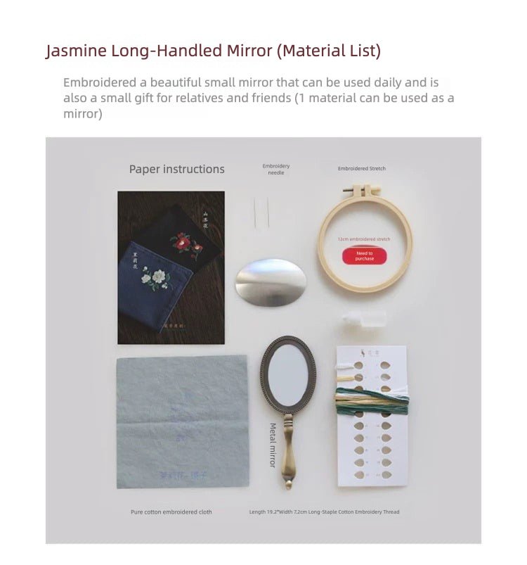 Jasmine Flower Hand Mirror Embroidery Kit - Included Thread & Mirror Base