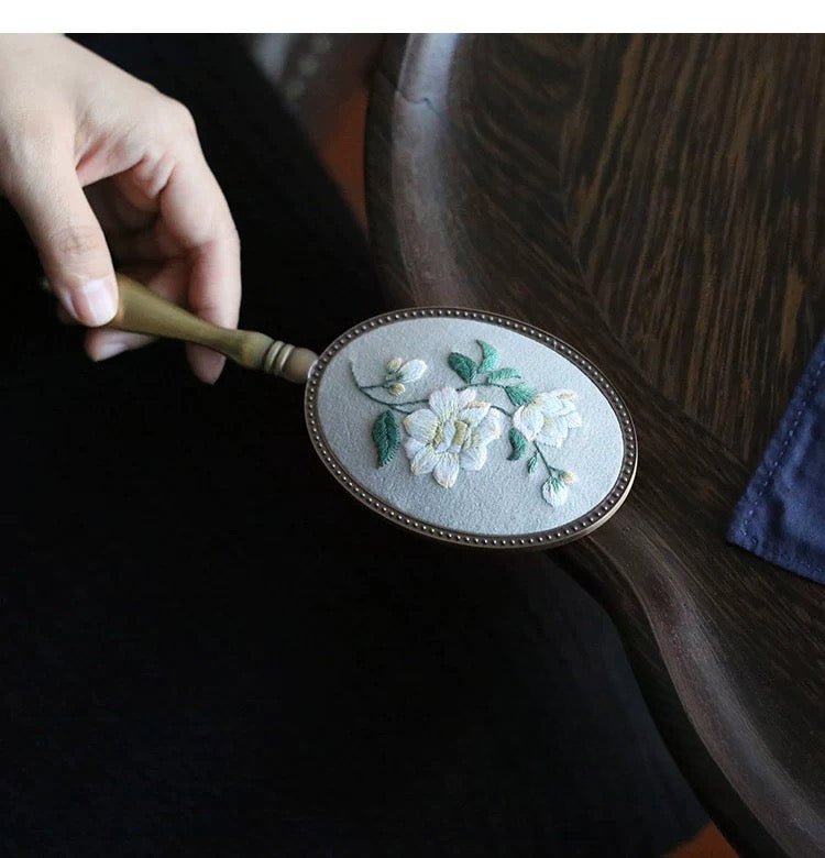 Jasmine Flower Hand Mirror Embroidery Kit - Finished Embroidered Mirror