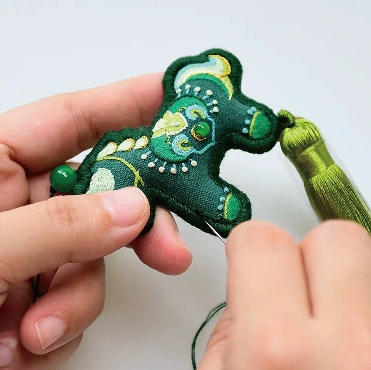 DIY Guardian Green Pony Embroidery Kit - Bat & Gourd Symbol Detail