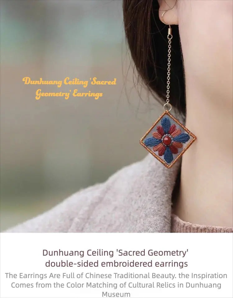 Dunhuang Ceiling Art Chinese Embroidery DIY Kit - Worn Earrings Close-Up