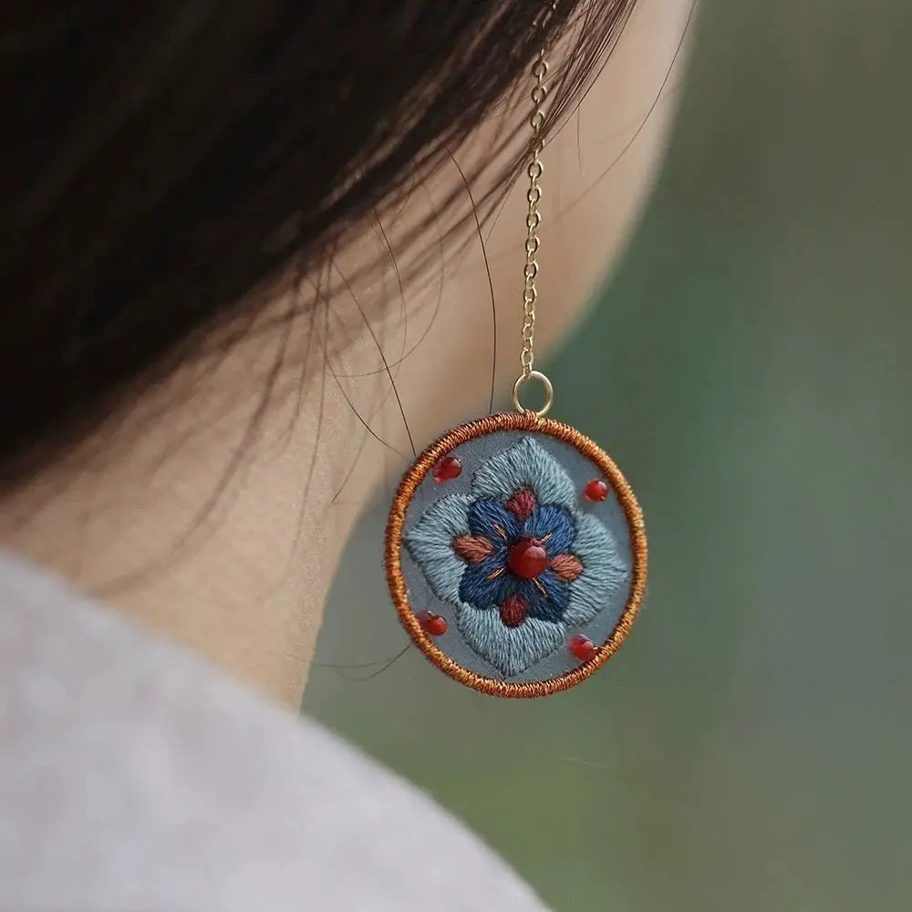 Dunhuang Ceiling Art Chinese Embroidery DIY Kit - Worn Earrings Close-Up