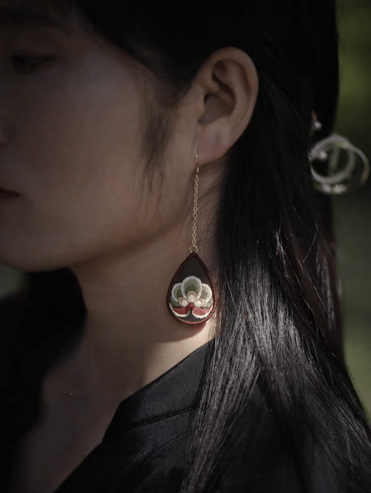 Dunhuang Floral Mandala Earring Embroidery Kit - Worn Earrings Close-Up