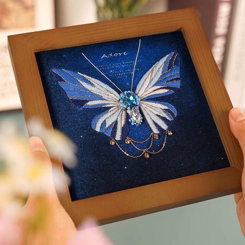 Elegant Butterfly Beaded Embroidery DIY Kit - Blue 18x18cm with Frame