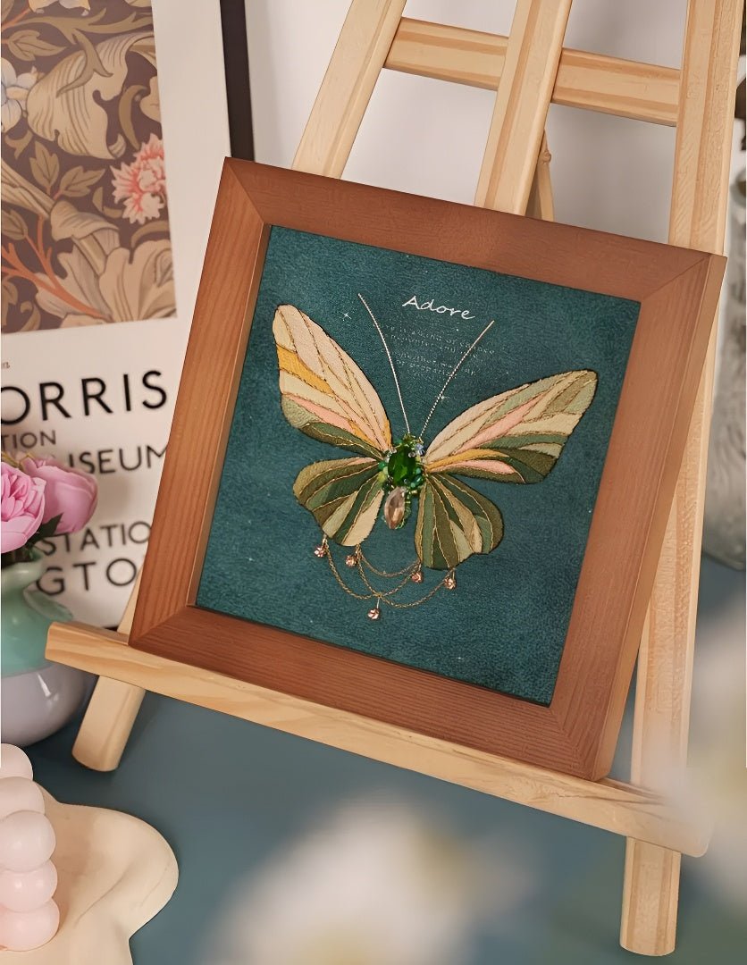Elegant Butterfly Beaded Embroidery DIY Kit - Green 18x18cm with Frame