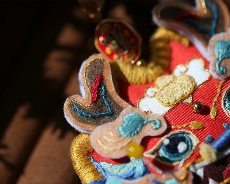 Guardian Dragon & Tiger Auspicious Sachet Embroidery Kit - Tiger Pattern Close-Up