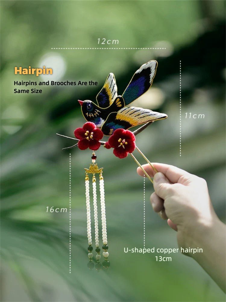 Joyful Magpie DIY Embroidery Kit - Finished Magpie Hairpin Worn