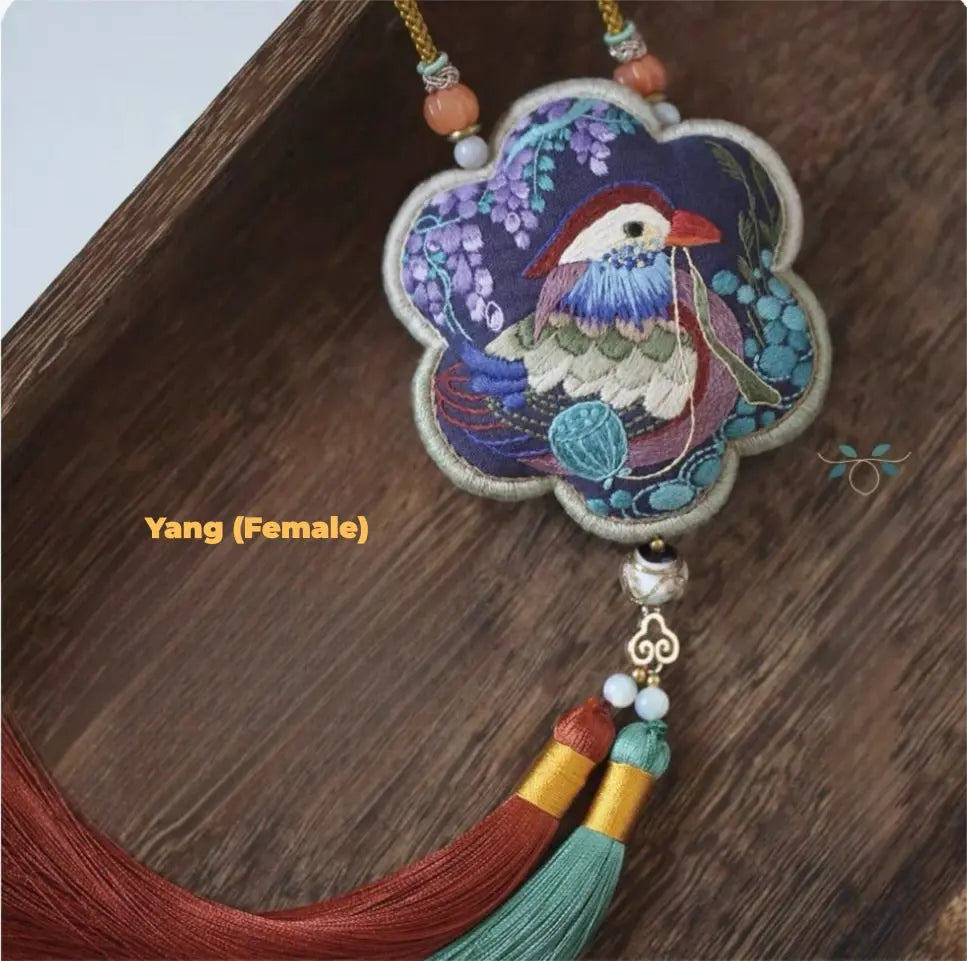 Mandarin Duck Embroidered Sachet DIY Kit - Mandarin Duck Stitch Detail