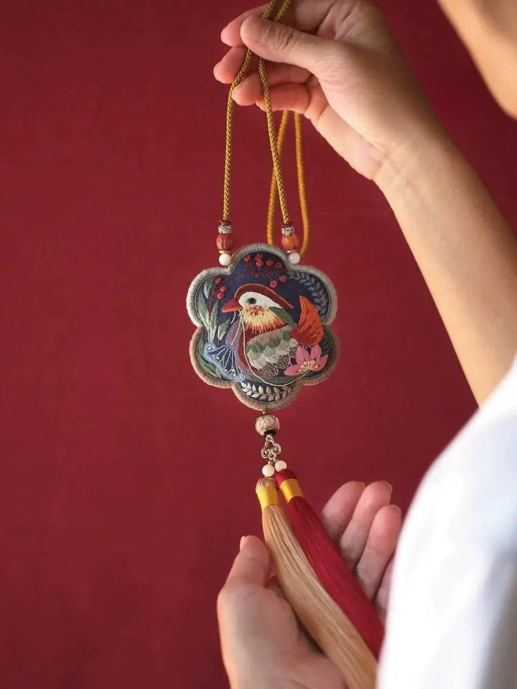 Mandarin Duck Embroidered Sachet DIY Kit - Mandarin Duck Stitch Detail