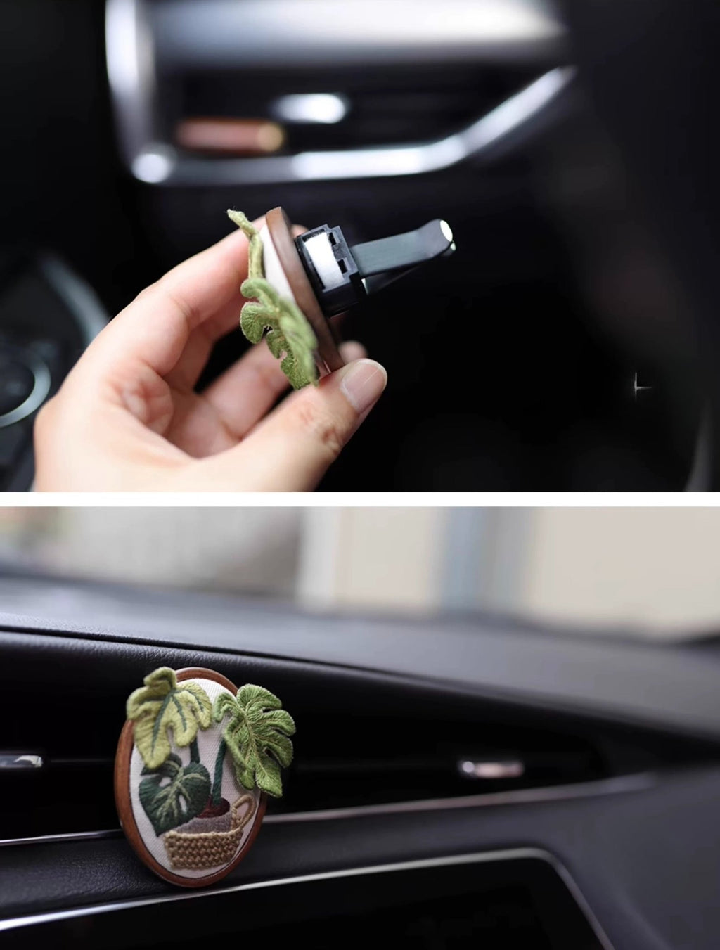 Monstera & Begonia Car Scent Diffuser DIY Embroidery Kit - Hanging in Car