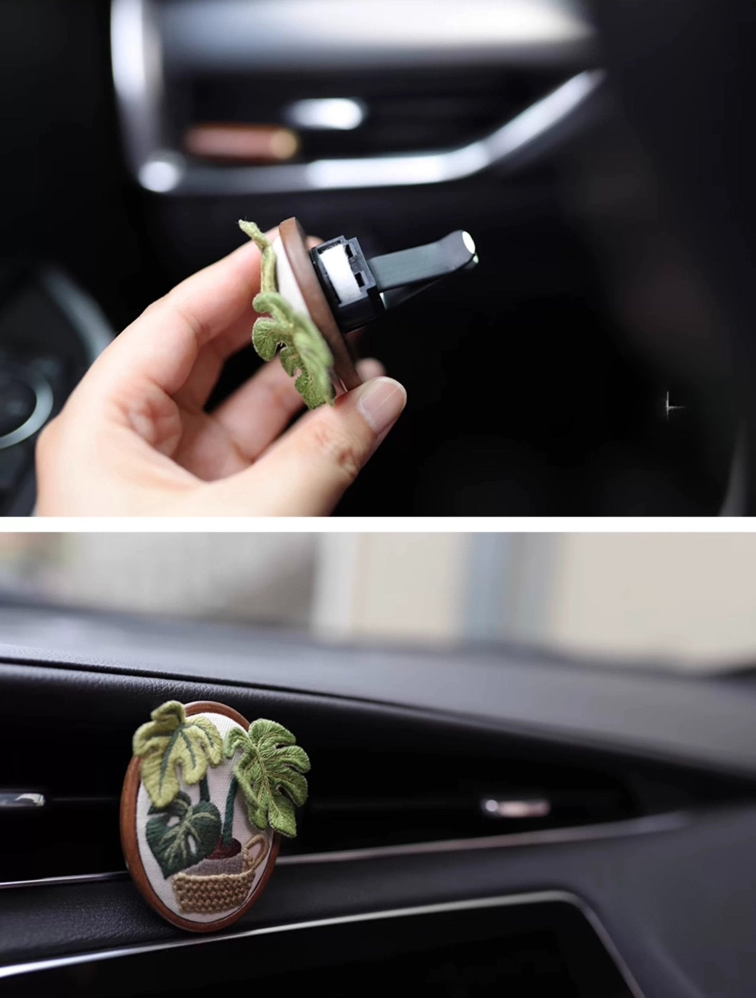 Monstera & Begonia Car Scent Diffuser DIY Embroidery Kit - Hanging in Car